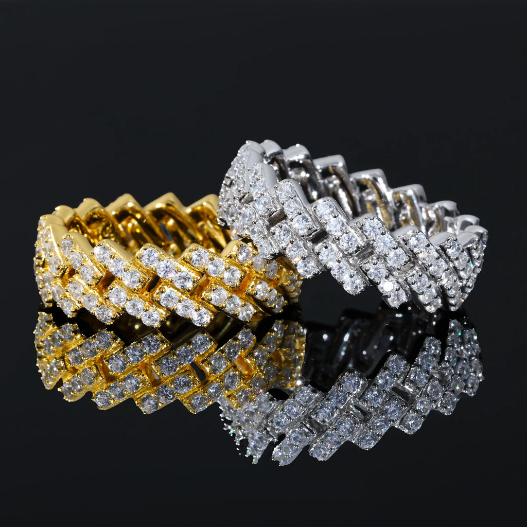 Iced Cuban Band Ring | White Gold & Classic Gold