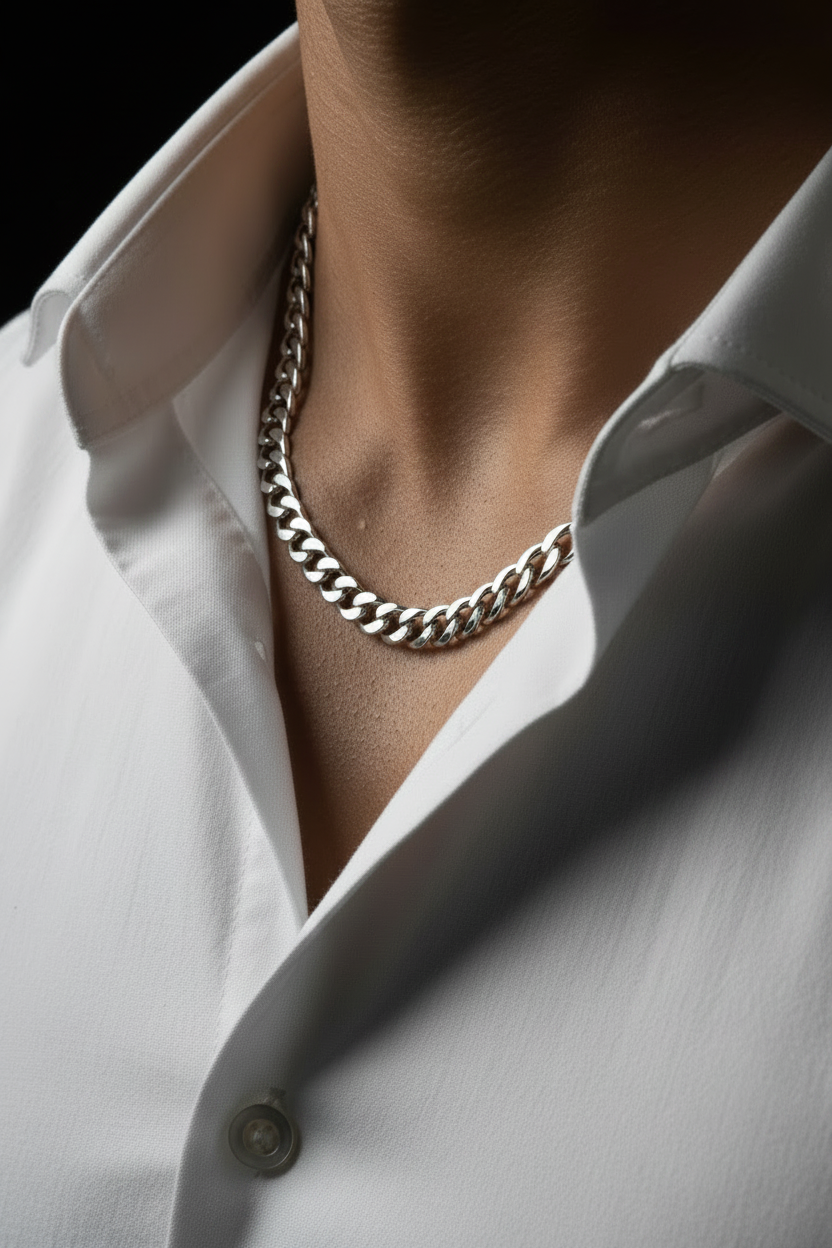 Man wearing 925 sterling silver Cuban link chain necklace, medium brown skin, light blue dress shirt